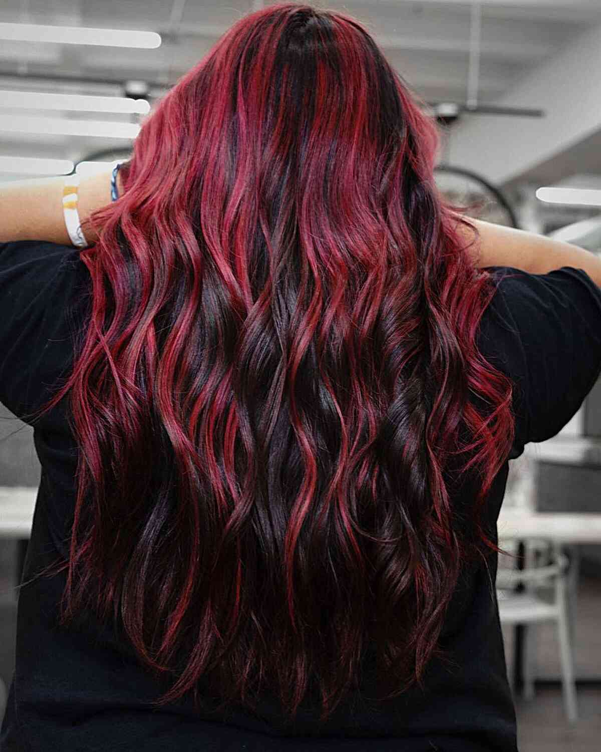 Black Long Tresses with Crimson Red Highlights