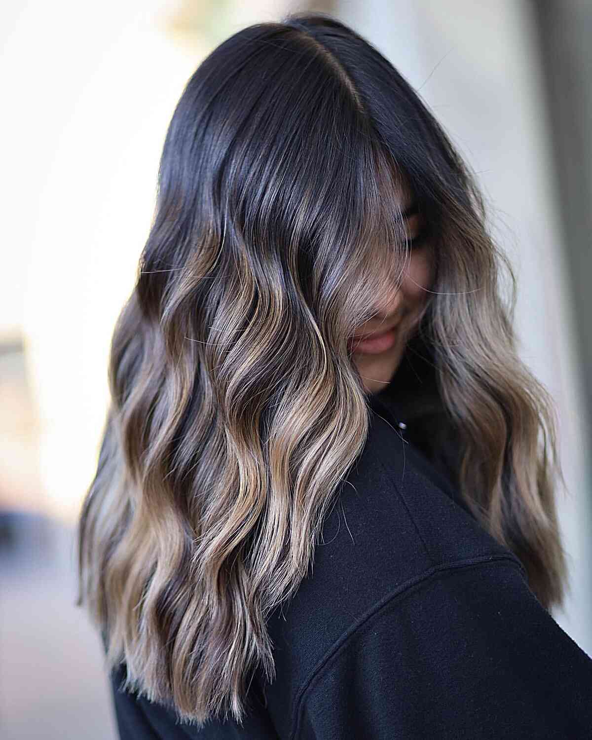 Black Root Melt with Beige Balayage Tones for Long Tresses