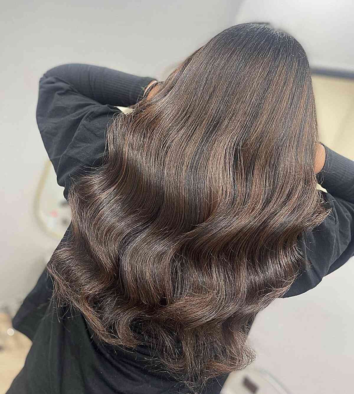 Black-Rooted Long Caramel Brown Balayage Hair with Hints of Ash