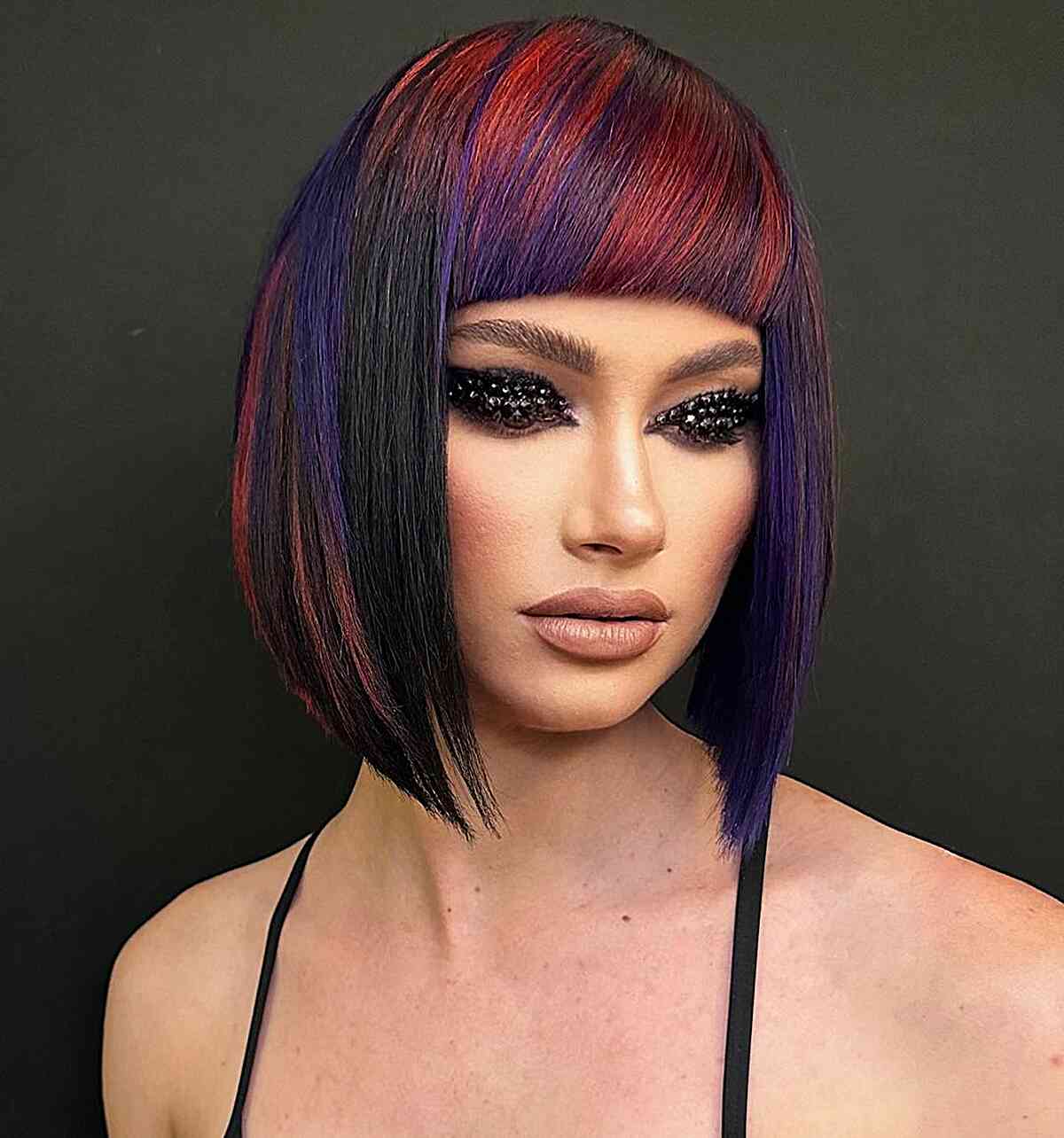 Black Slob Cut with Red and Purple Highlights for women with straight hair