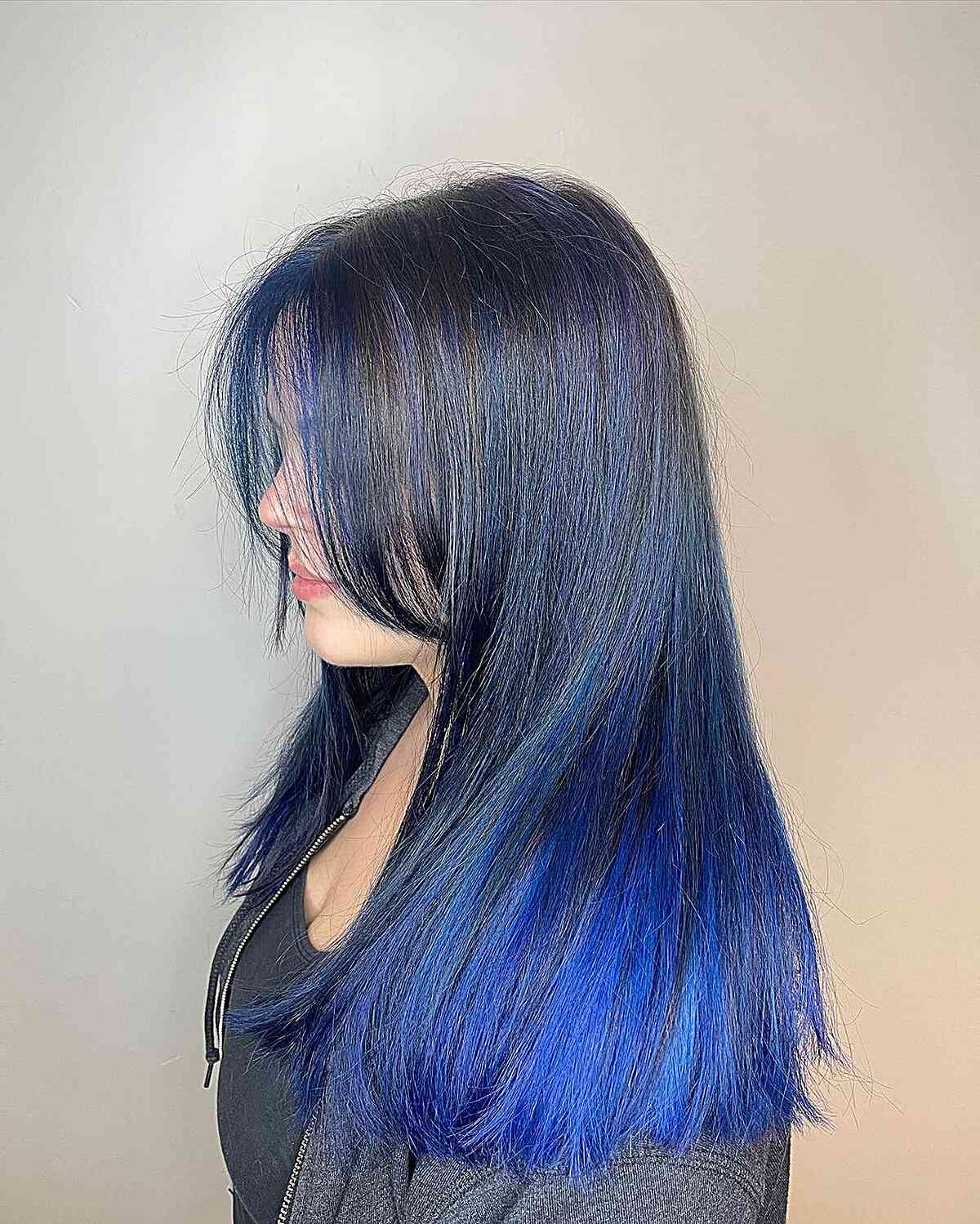 Black to Blue Ombre Balayage on Long Straight Hair