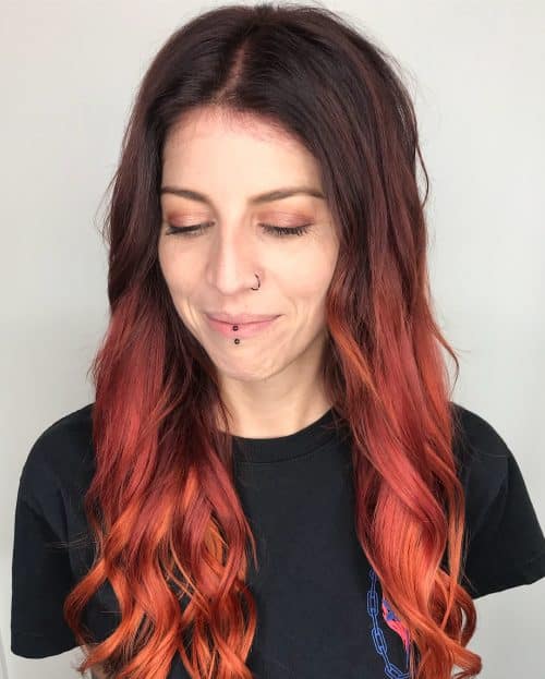 jet black and red ombre on mid-length hair