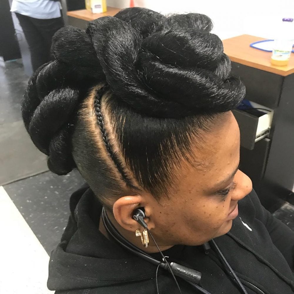 black woman's mohawk braids with weave