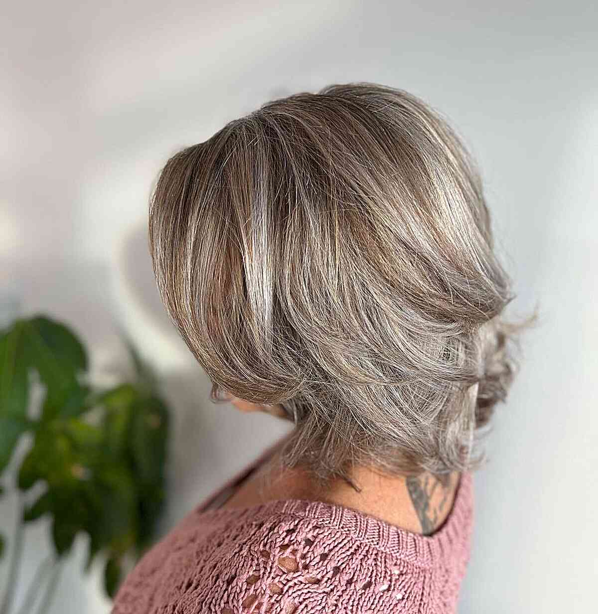 Blended Grey and Brown Balayage Streaks on Layered Short Hair