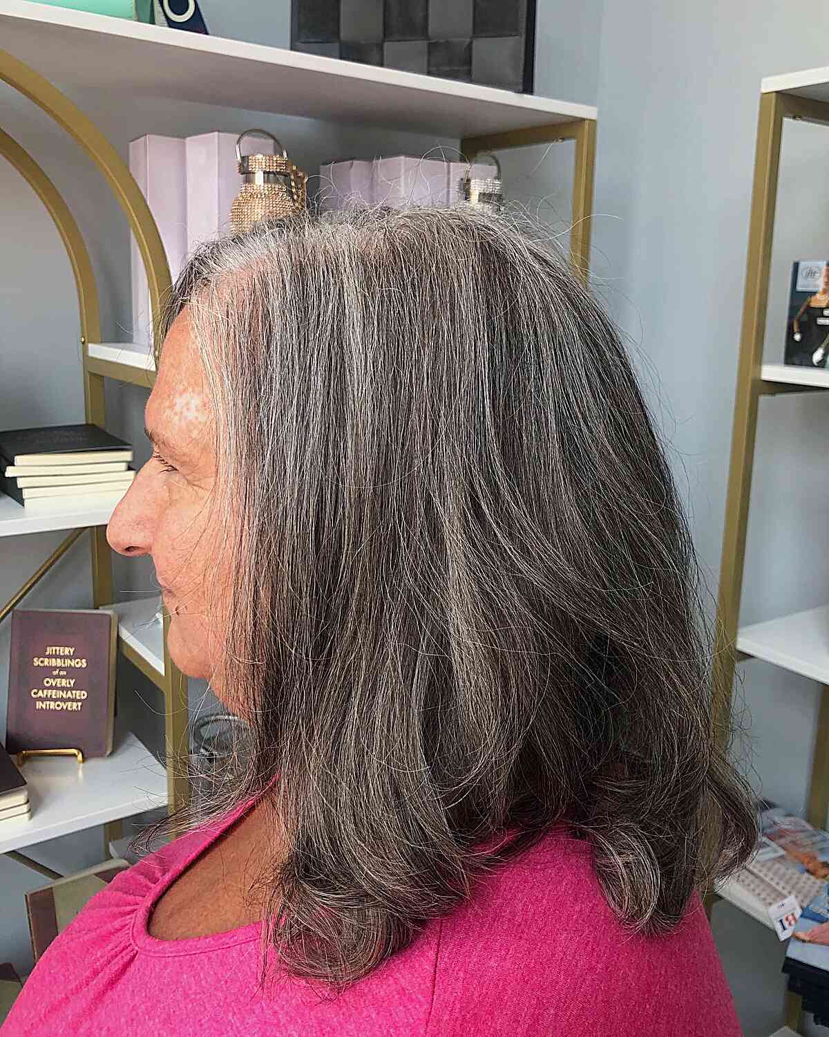 Blended Lowlights on Medium Natural Dark Grey Hair for Older Ladies