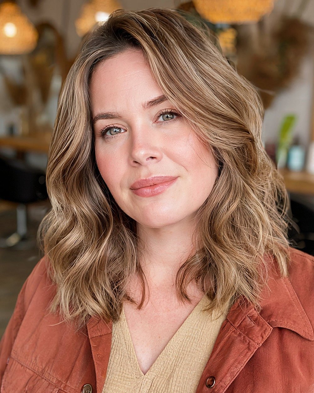 Medium layered haircut with soft waves and beige-blonde highlights for round-faced women over 40