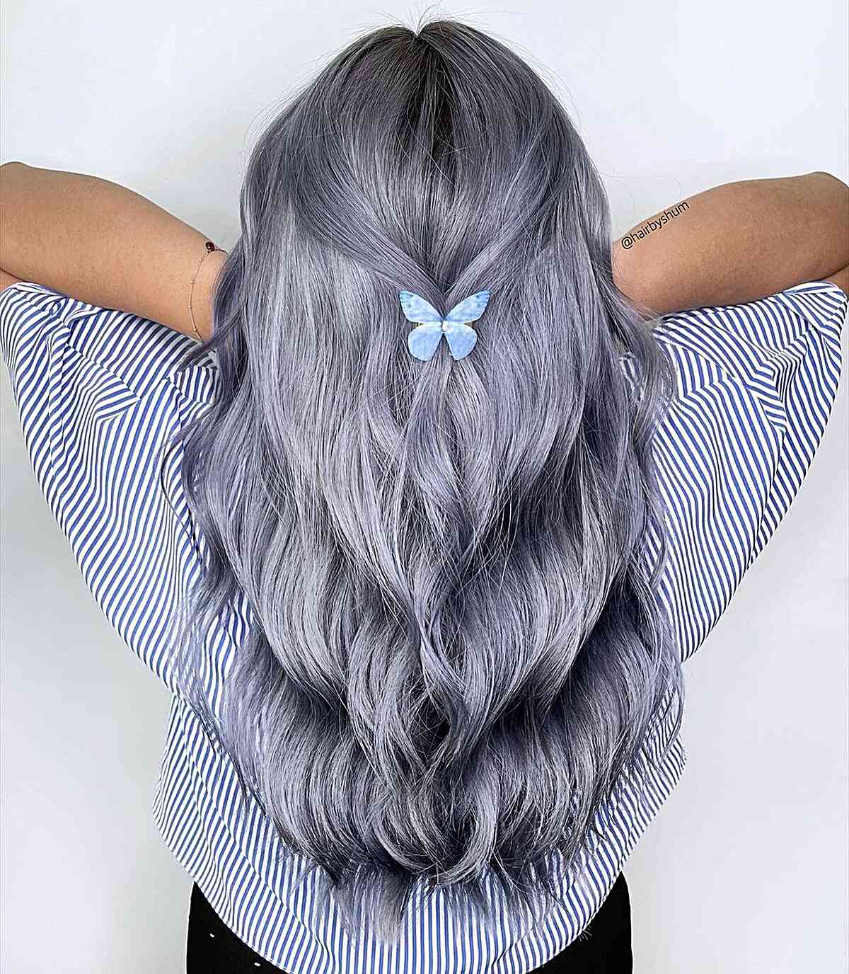Blended Silver and Blue Balayage Tones for Long-Length Wavy Hair