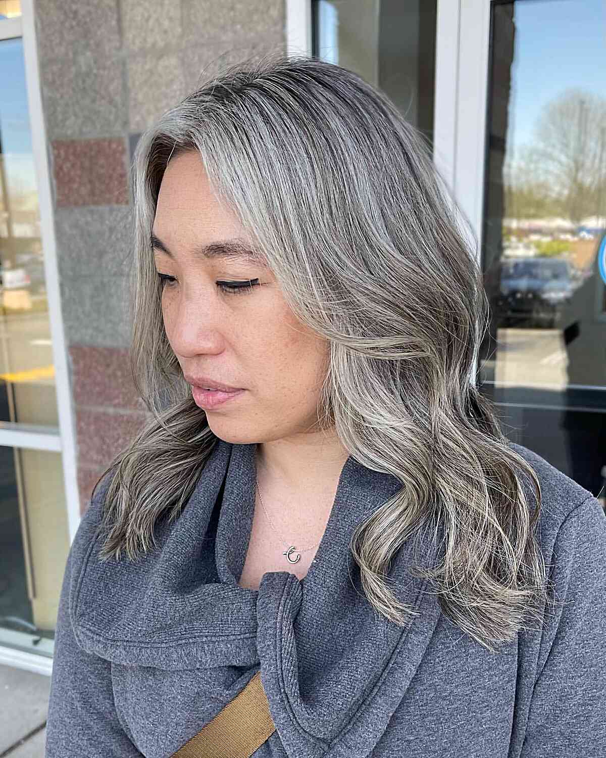 Blended Silver-Grey Balayage on Medium Hair for Older Women