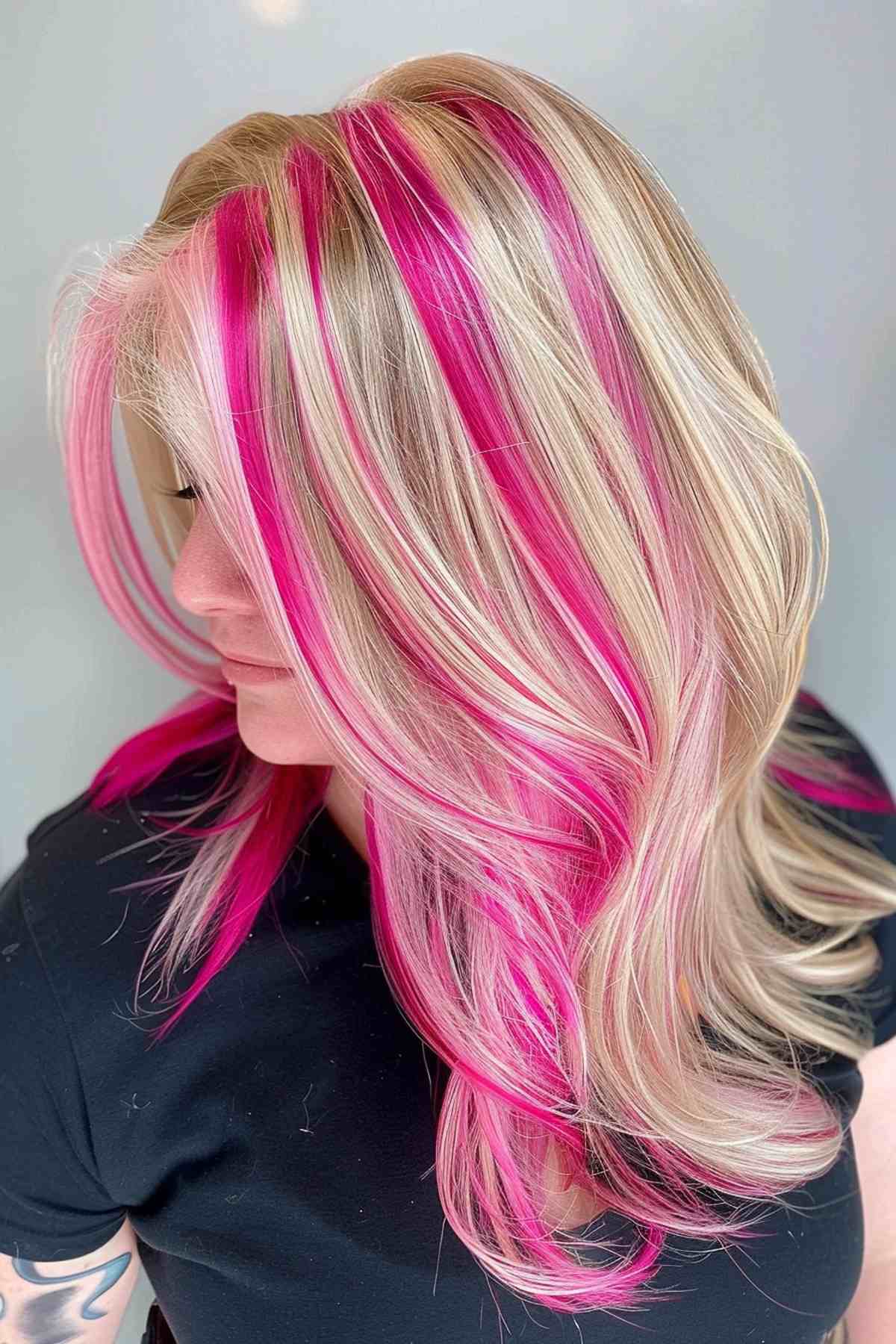 Long blonde hair with chunky pink highlights and layers