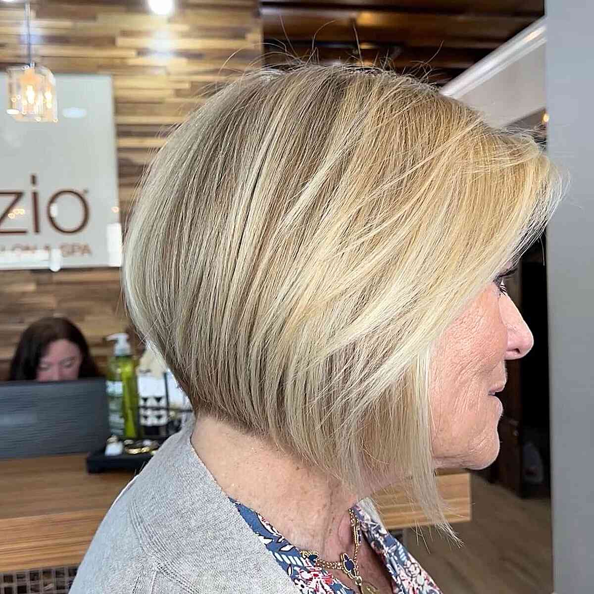 Blonde Angled Short Bob with Wispy Layers for Mature Ladies