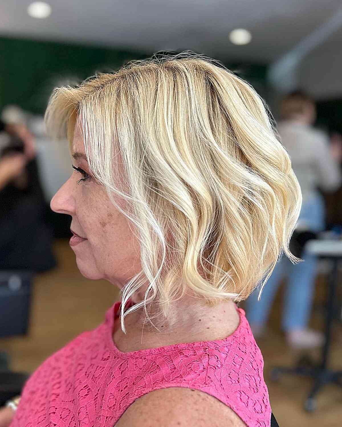 Blonde Angled Lob with Soft Waves on Ladies Aged 50