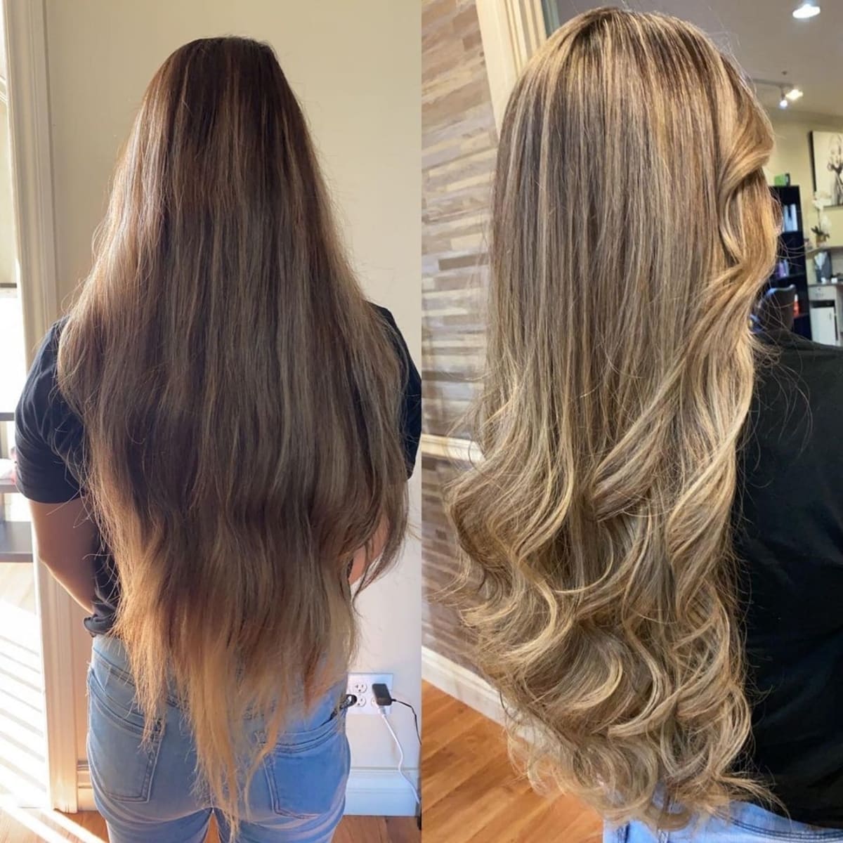 Blonde babylights with curled ends on long fine hair