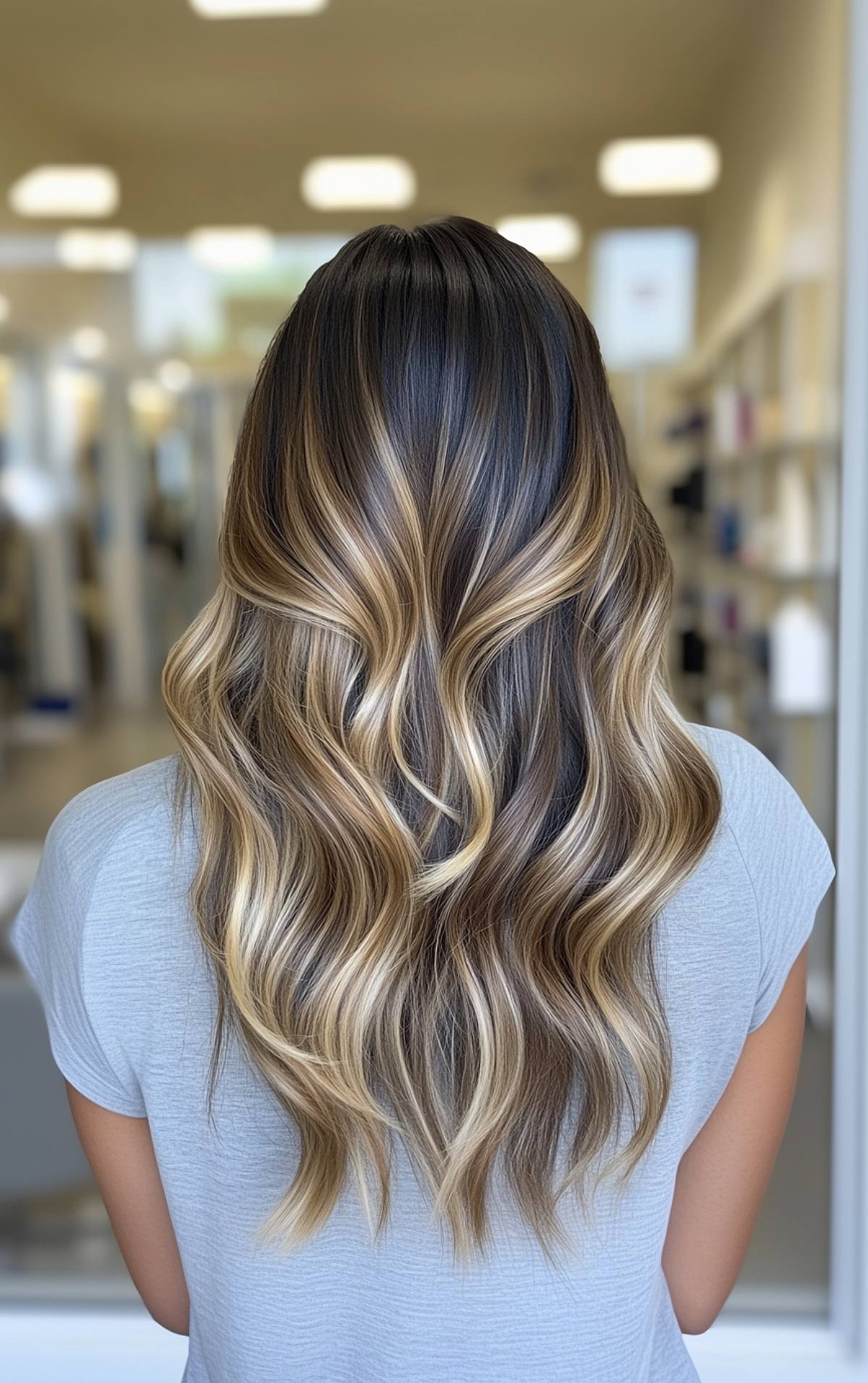 Long wavy hair with dark roots and blonde balayage highlights