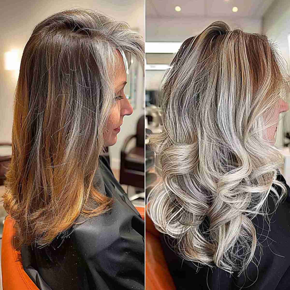 Blonde Balayage Makeover on Dark Brown Hair for women with a mid-length cut