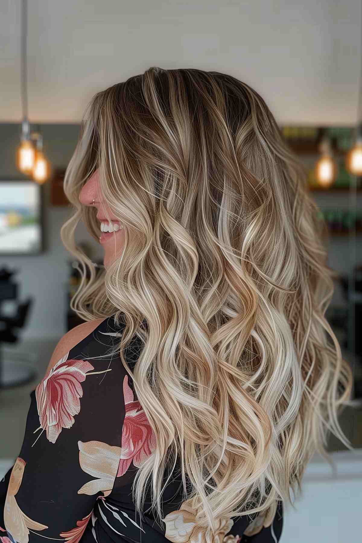 Side view of blonde balayage ombre with soft curls