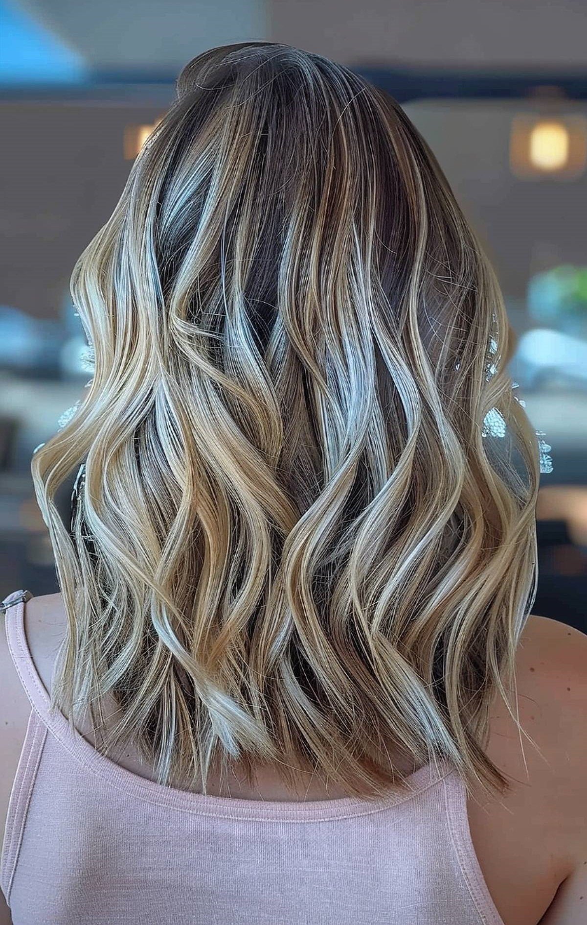 Blonde balayage on medium-length hair with loose waves for added dimension