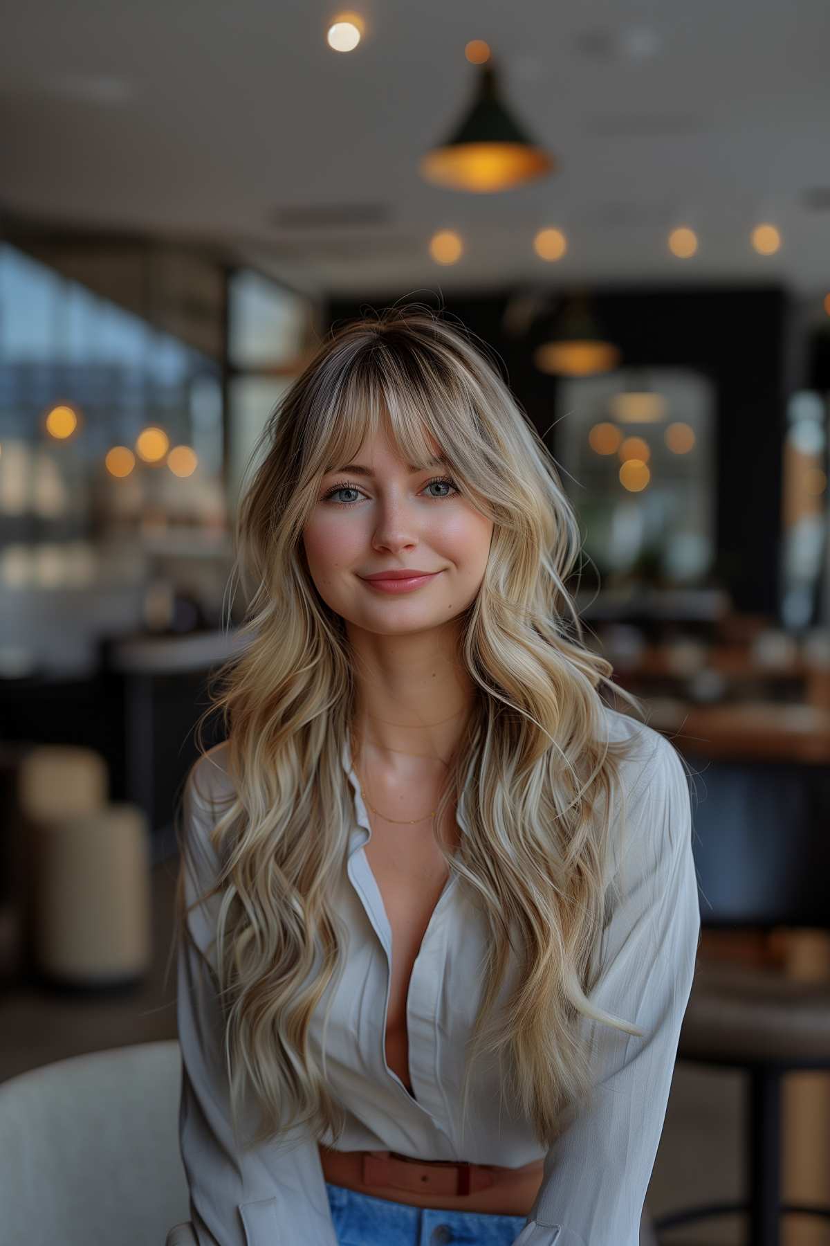 Woman with blonde bangs and long voluminous wavy hair