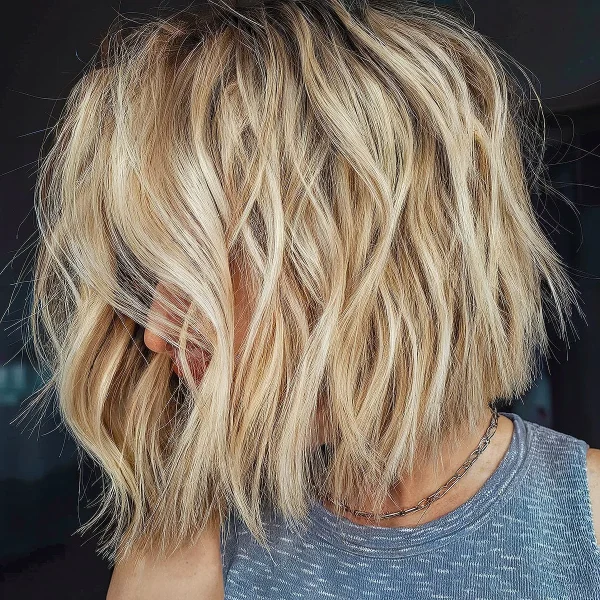 A Blonde Beachy Waves on a Blunt Bob Cut