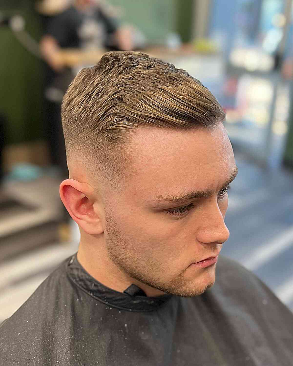 Blonde Crew Cut with Faded Sides and Textured Top for Men with Broad Forehead 