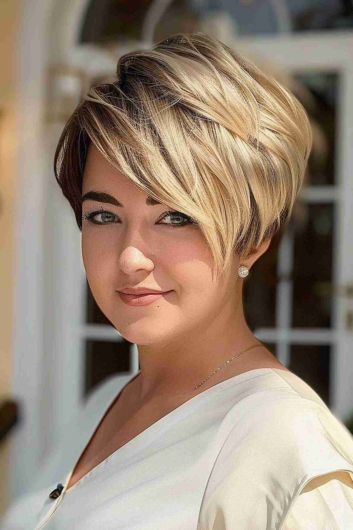blonde edgy pixie cut with dark roots