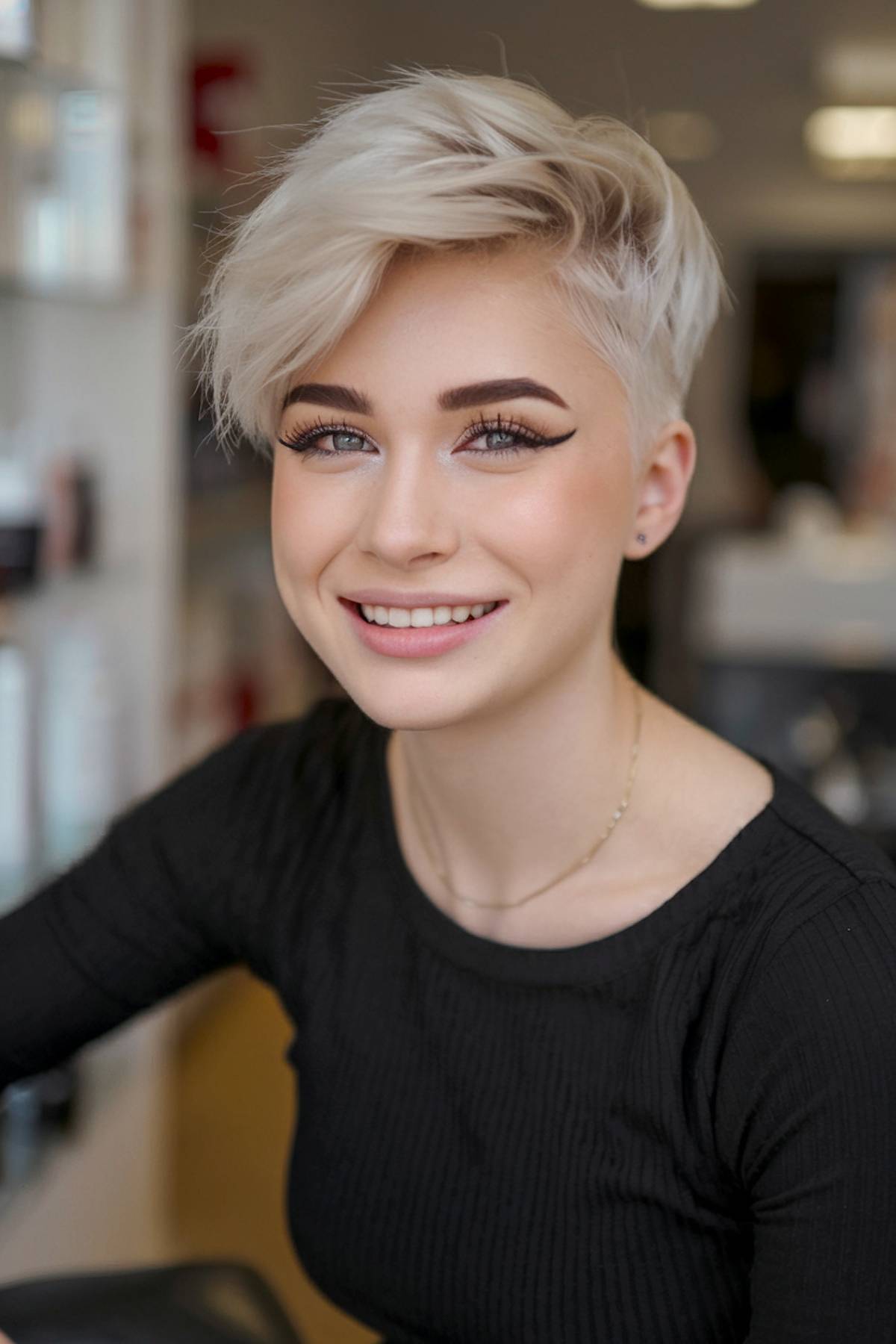  Icy blonde pixie cut with choppy layers and a side-swept fringe for added texture