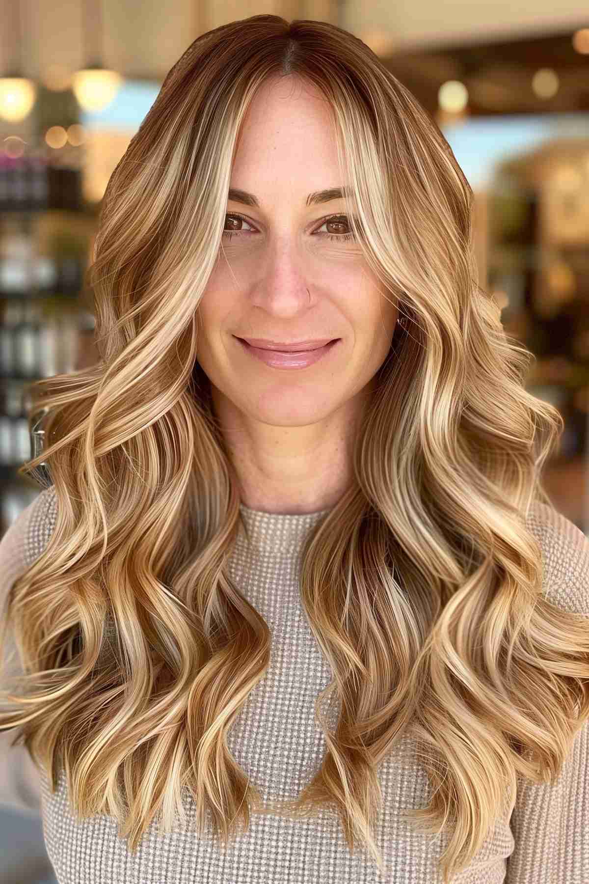 Butterscotch blonde highlights in caramel hair