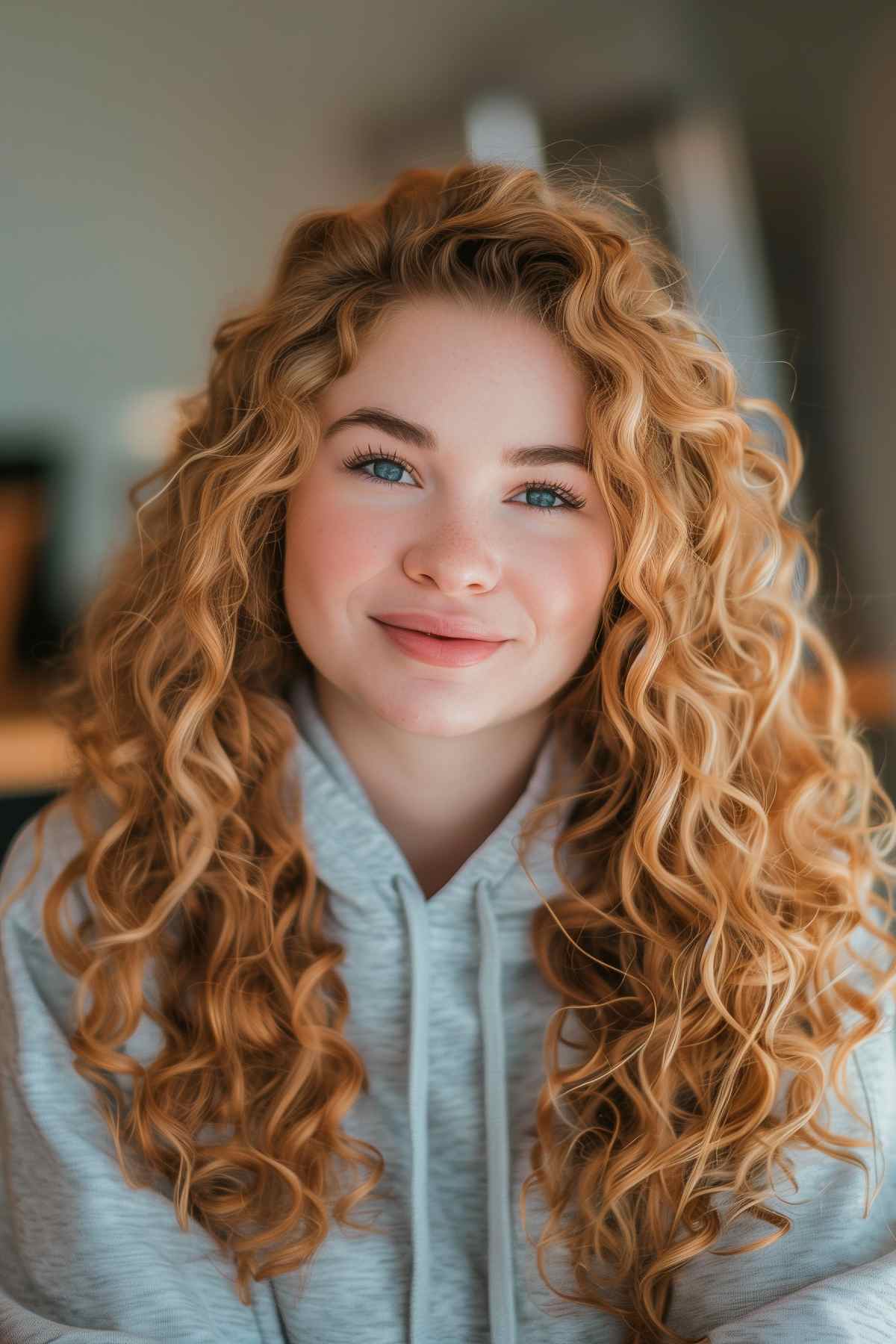 Caramel blonde curls with subtle highlights