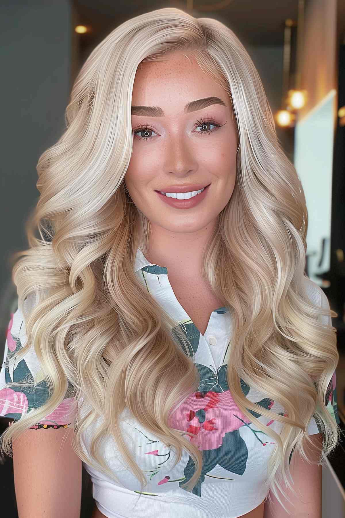 Champagne blonde curls with subtle highlights