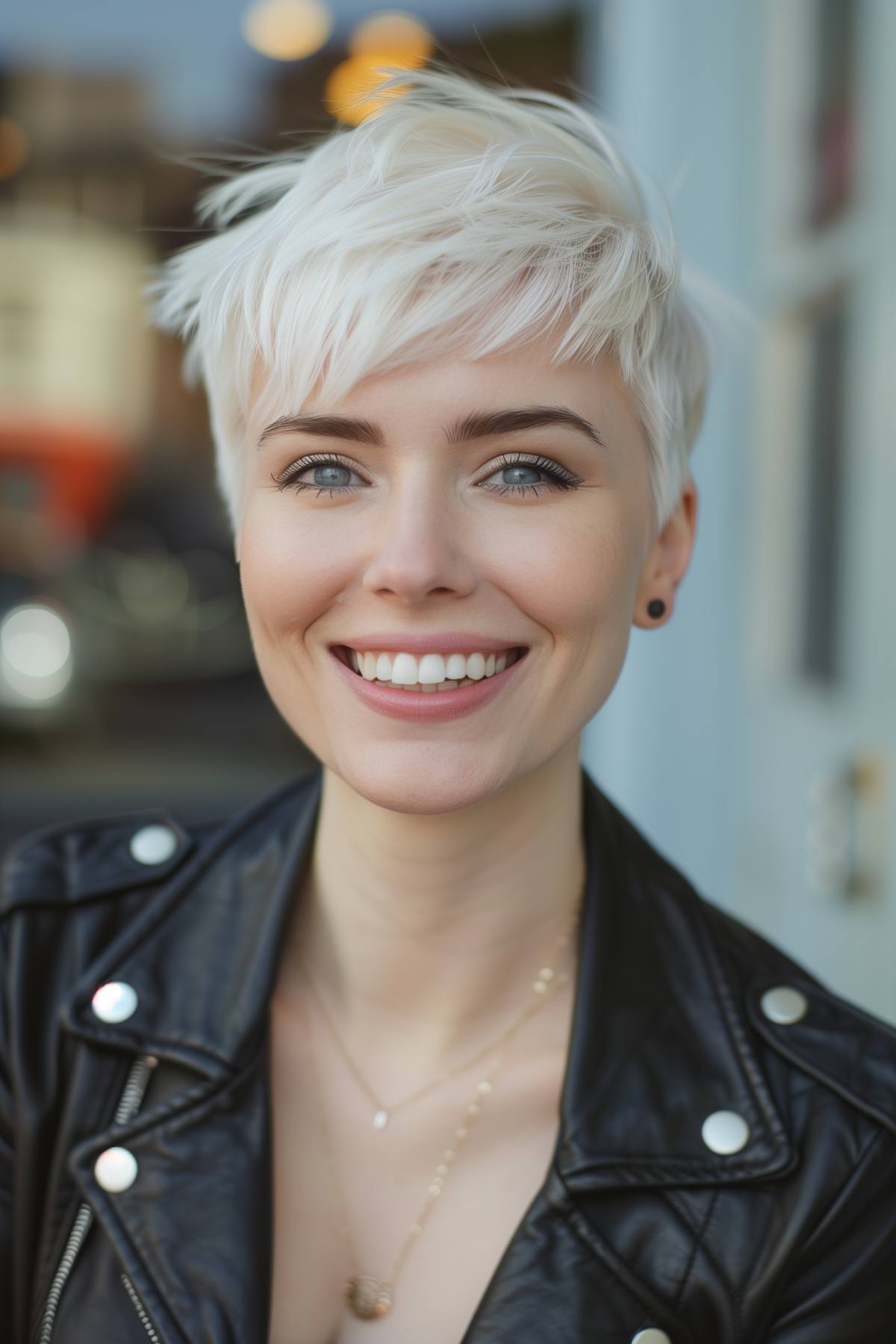 Icy blonde pixie cut with subtle highlights