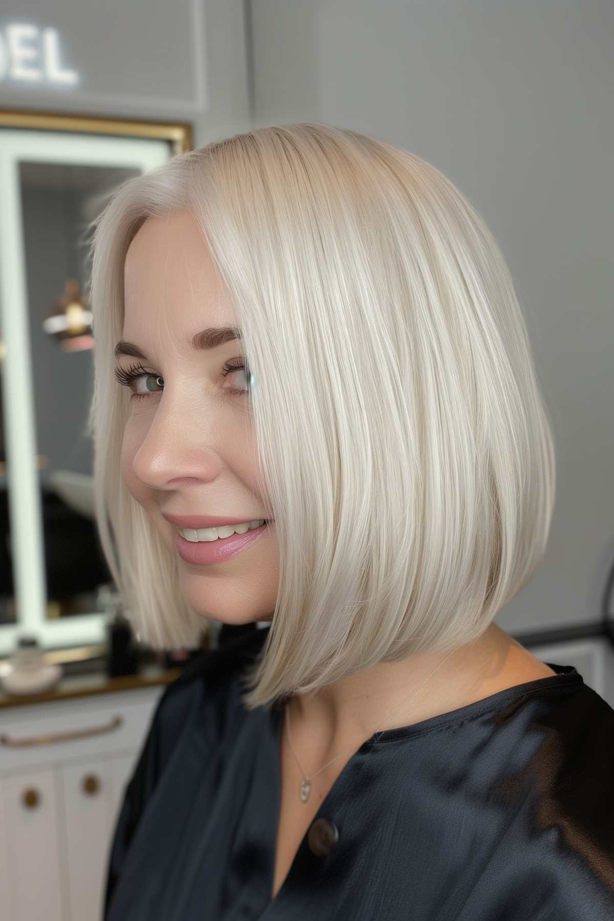 Pearl blonde bob with subtle highlights