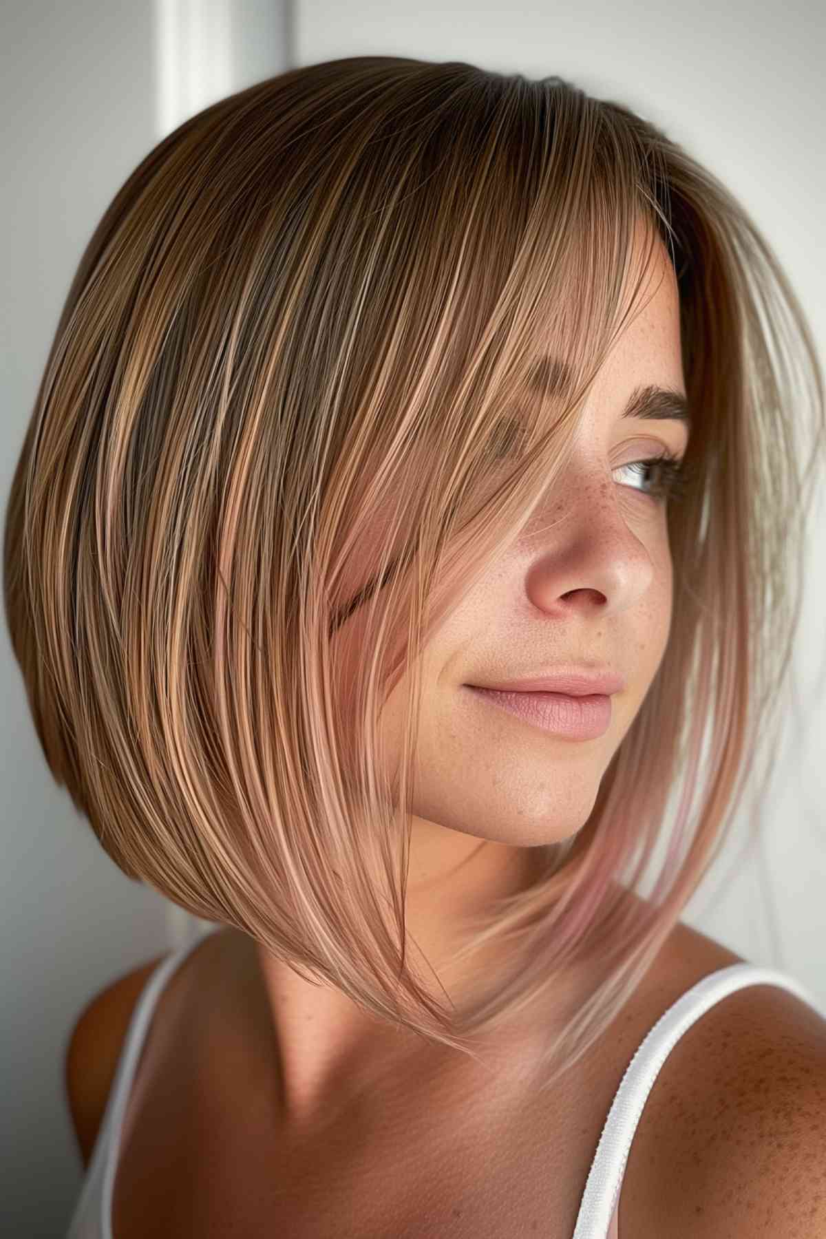 Neck-Length Blonde Highlighted Bob for Medium to Thick Hair