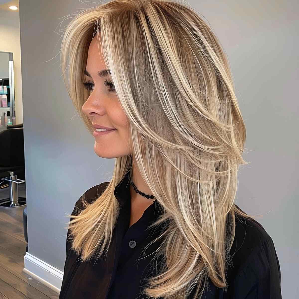 Trendsetting blonde layered medium-length hairstyle