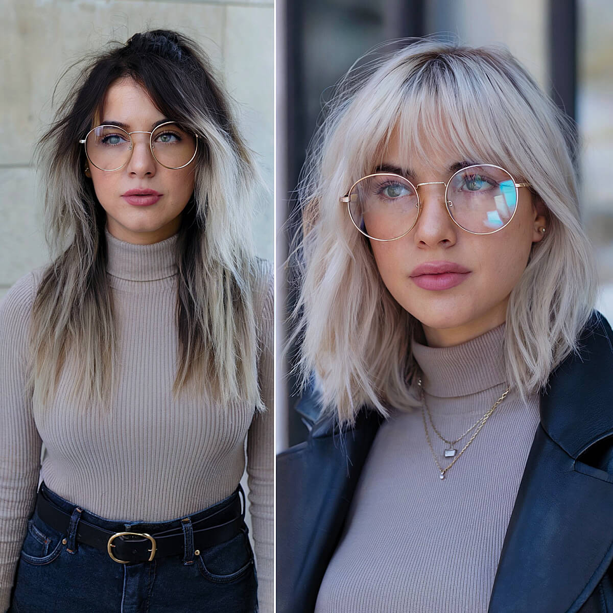 Blonde lob with curtain bangs for women with glasses