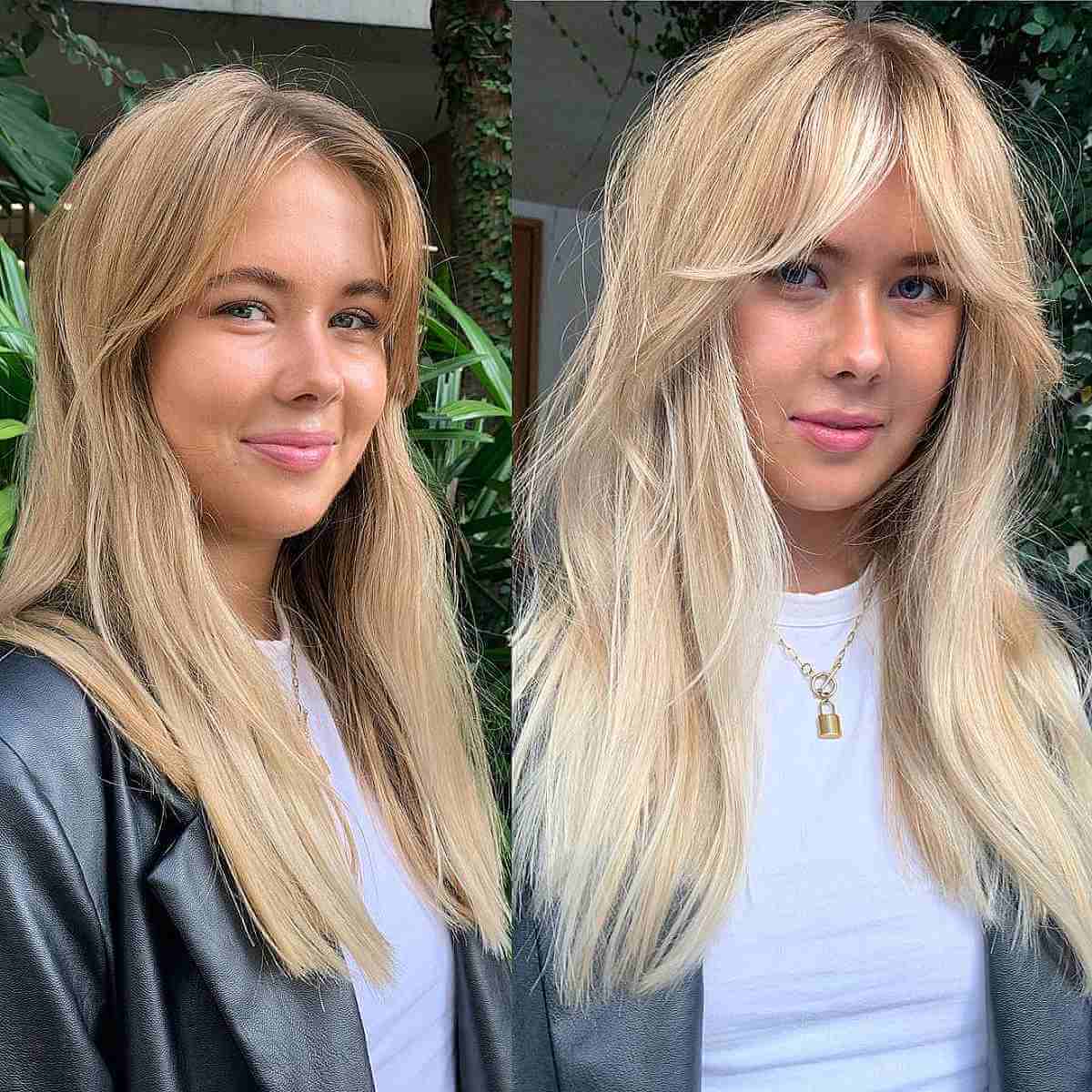 Blonde Long Layered Hair with Eye-Catching Curtain Bangs on an oval face