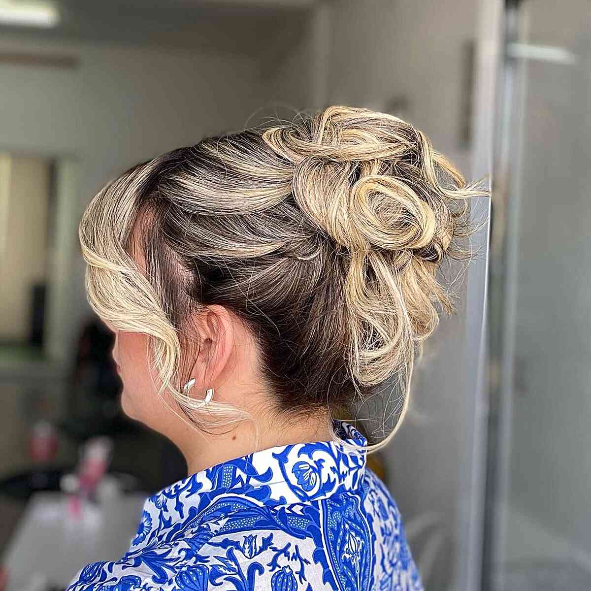 Blonde Messy Bun Updo with Face Frame and Fringe