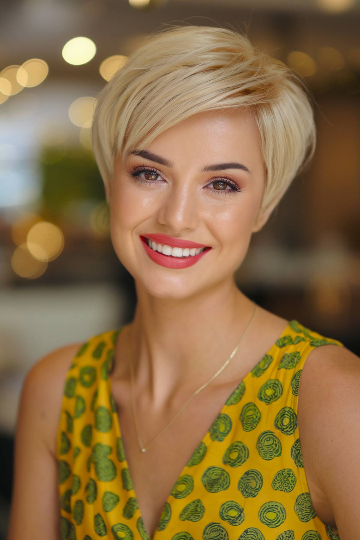 Blonde pixie bob with soft layers and a side-swept fringe for a polished, elegant look