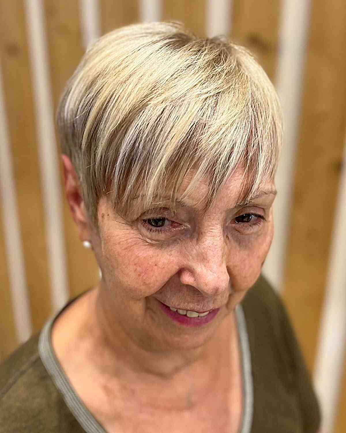Blonde Pixie Hair with Choppy Bangs for Edgy Ladies Over 70