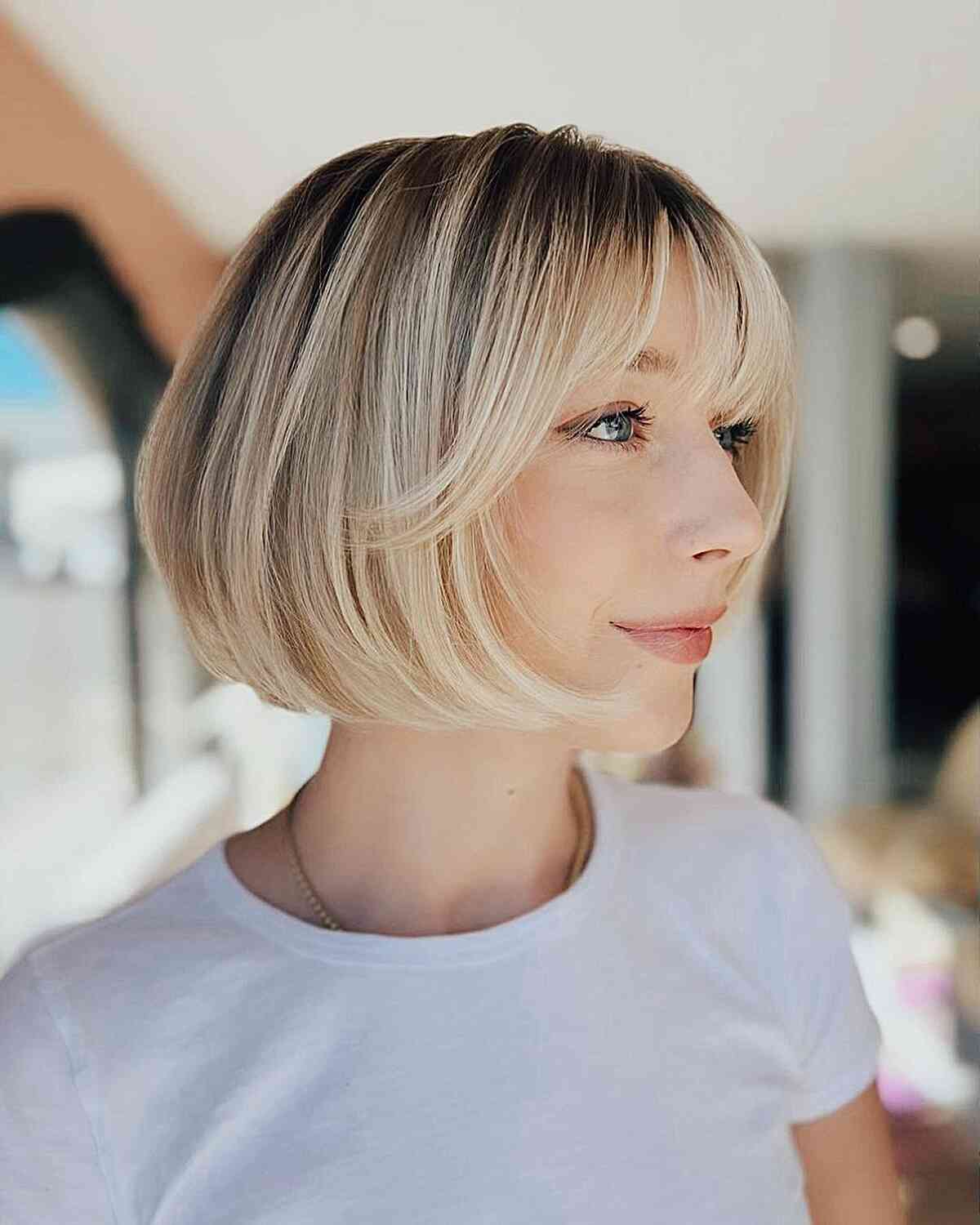 Chin-Grazing Blonde Rounded Bubble Bob with See-Through Bangs
