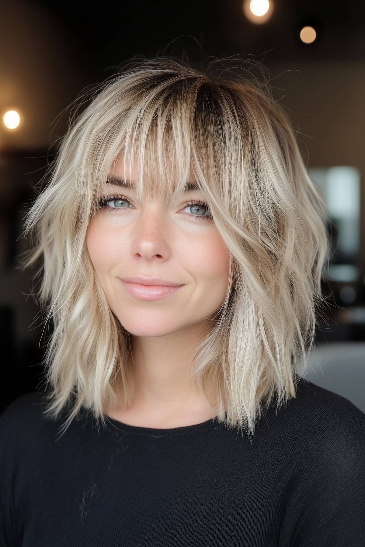 Woman with a blonde shaggy lob haircut and layered bangs, featuring a subtle shadow