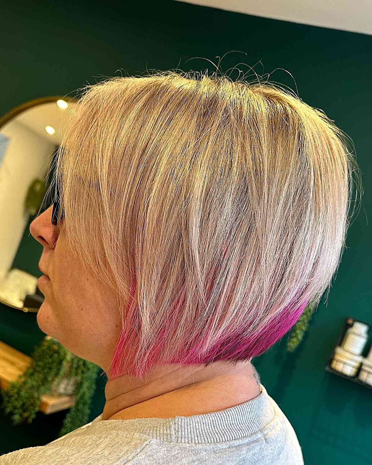 Blonde Short Bob with Pink Peek-a-Boo Highlights for Overweight Women Over 50