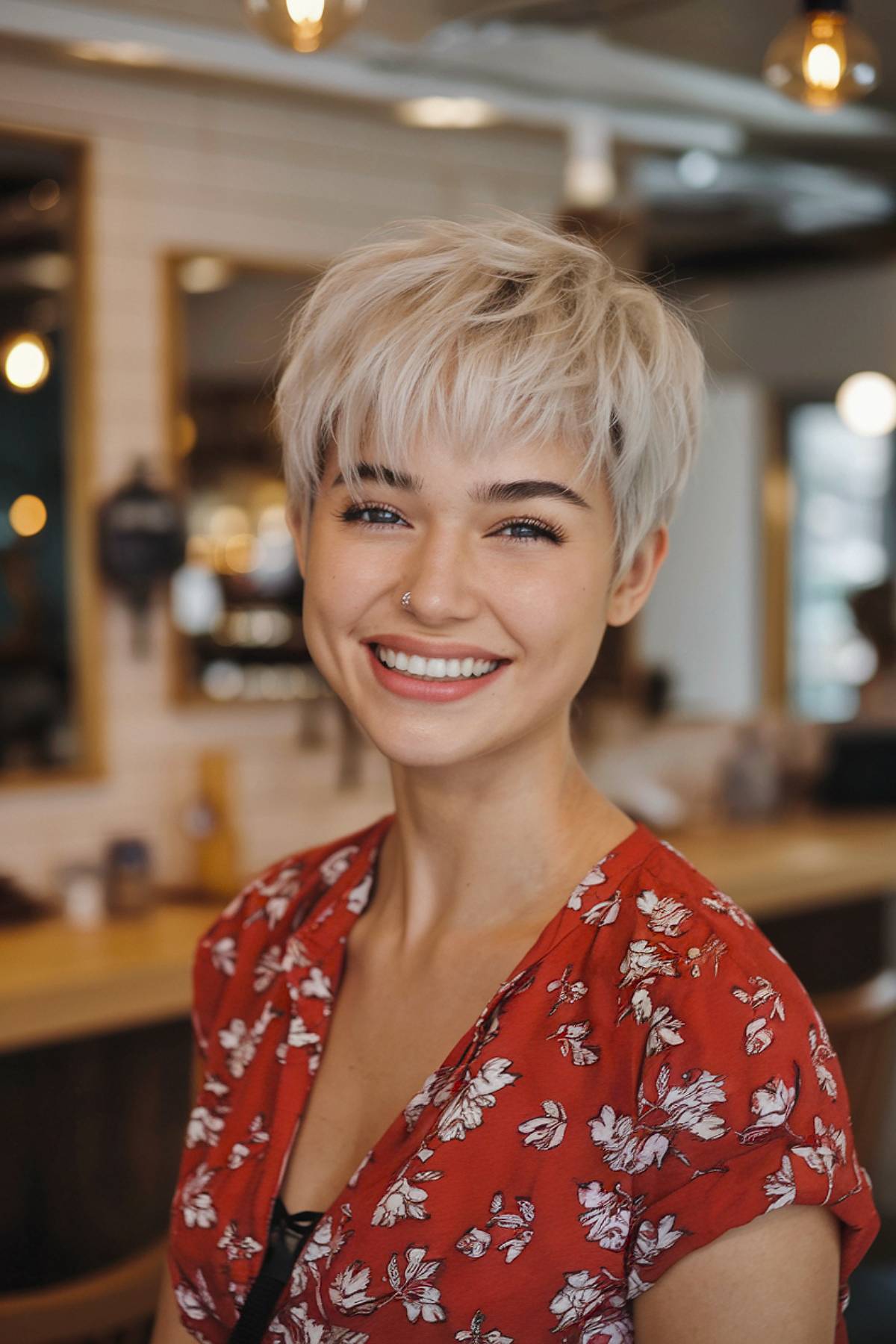 Short blonde pixie with wispy layers and soft fringe, a fresh and youthful cut