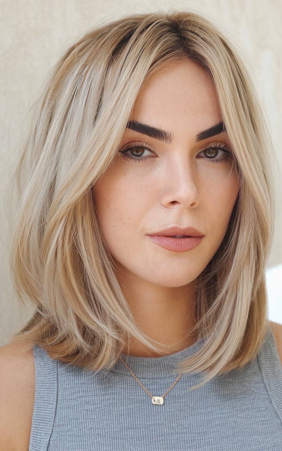 Blonde shoulder length haircut with soft layers for fine hair