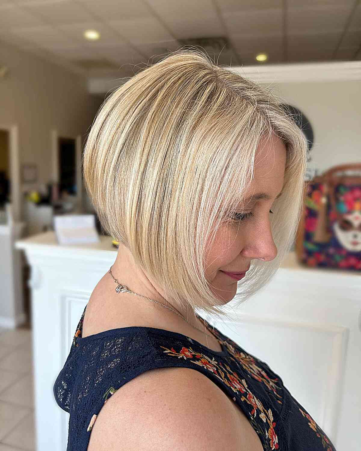Blonde stacked bob for women over 50