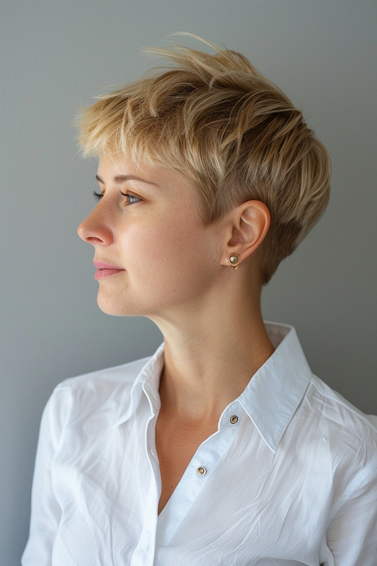 Woman with blonde stacked choppy pixie cut for fine hair