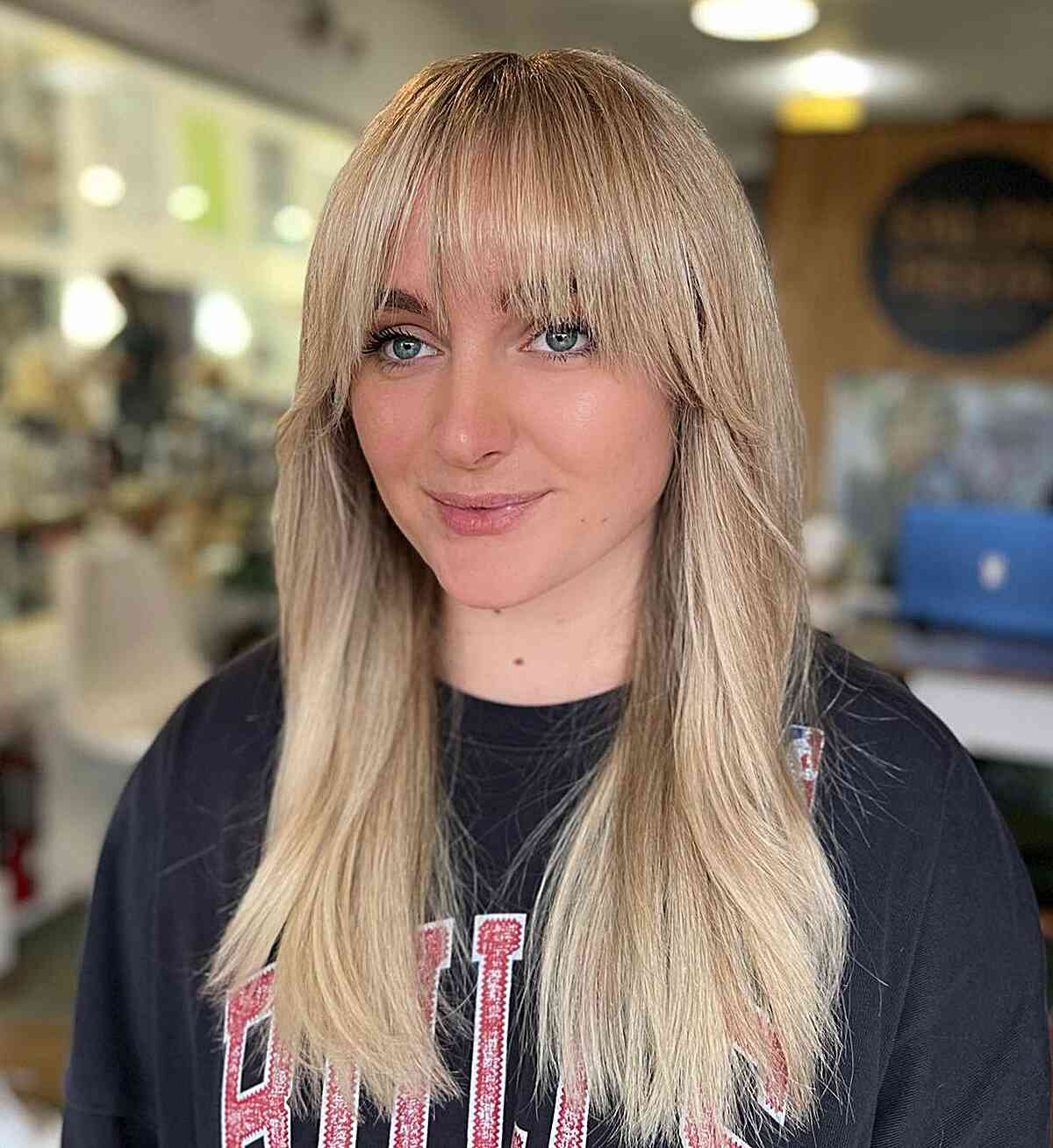 Blonde Straight mid-Length Hair with Sleek waterfall Bangs