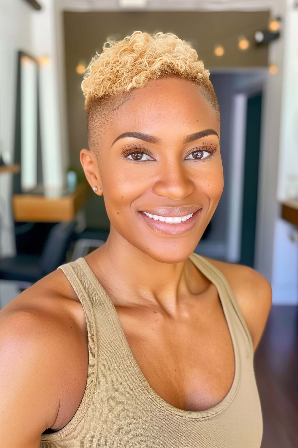 Blonde tapered haircut for Black women with natural curls, ideal for gym workouts