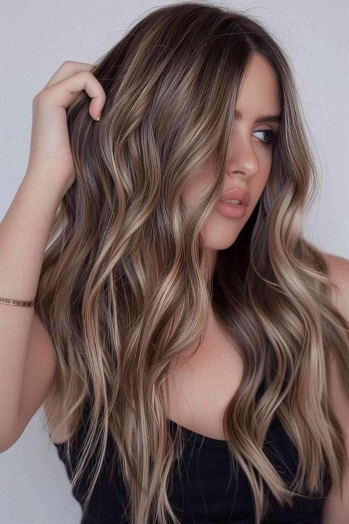 Long, wavy hair with mushroom brown and blonde highlights underneath, creating a playful, dynamic contrast and adding volume. 