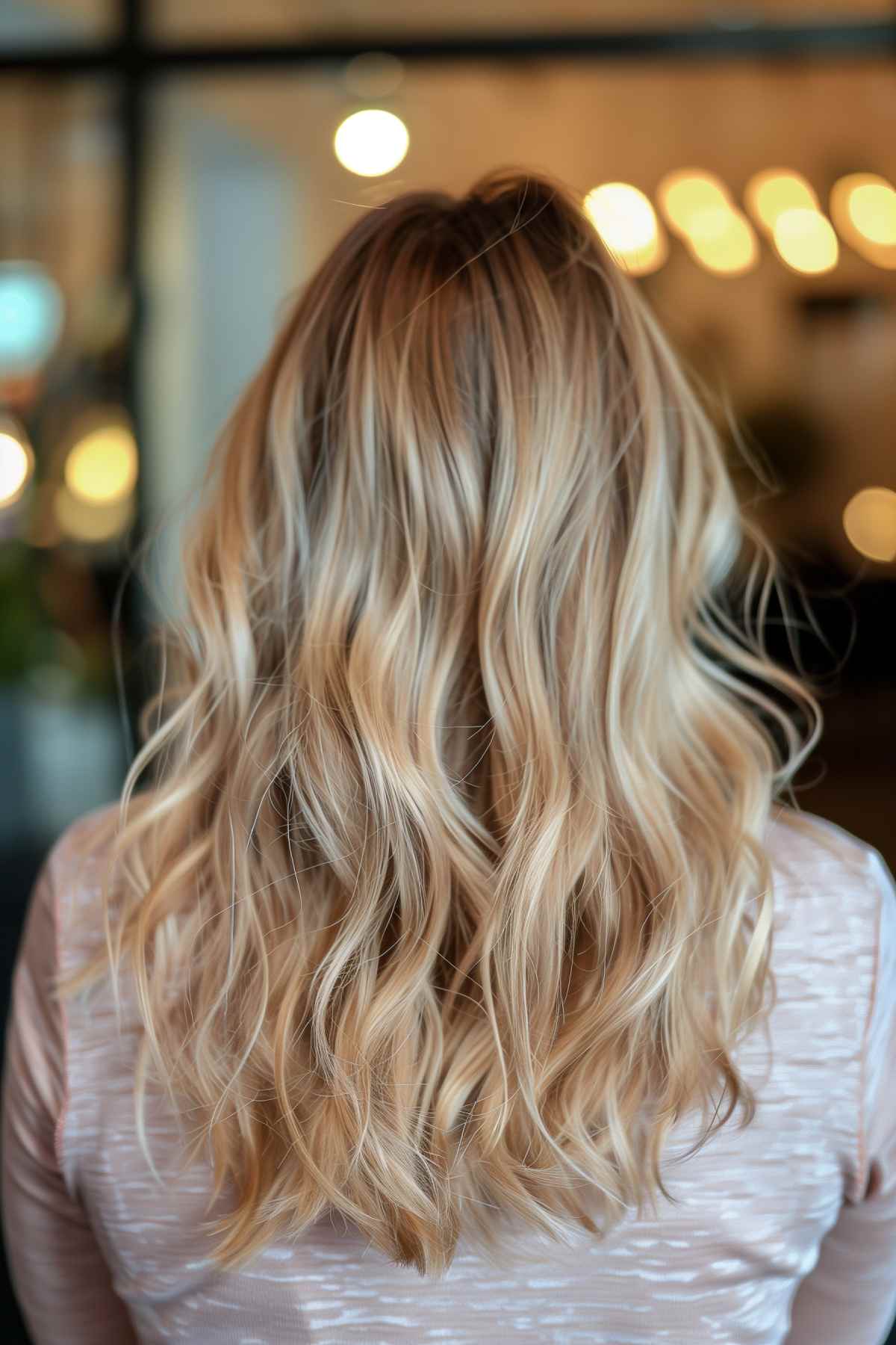 Back view of blonde waves with dark roots and natural texture