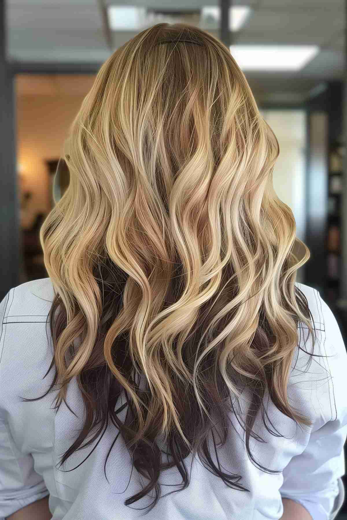 Back view of blonde waves with dark underneath layers