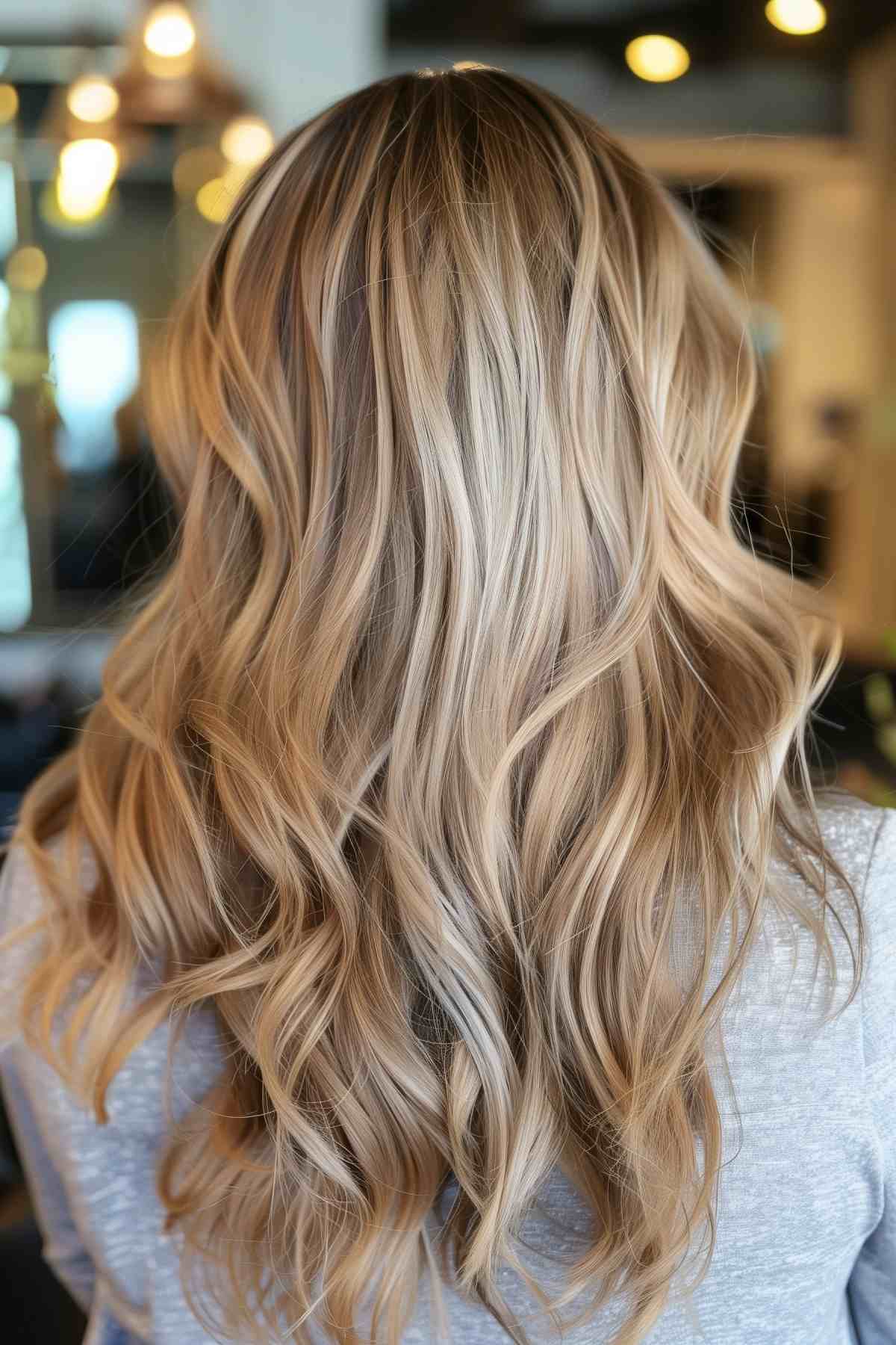 Back view of blonde waves with shadow root and soft highlights